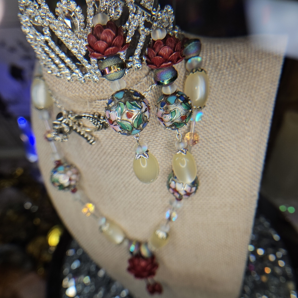 SOLD-Artisan Quadruple Threat Cloisonne, Cinnabar, & Moonglow, w/ Rubies -  Set - Picture 10 of 11